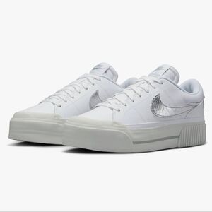 New - Nike Women's White Low-Top Sneakers with Metallic Swoosh